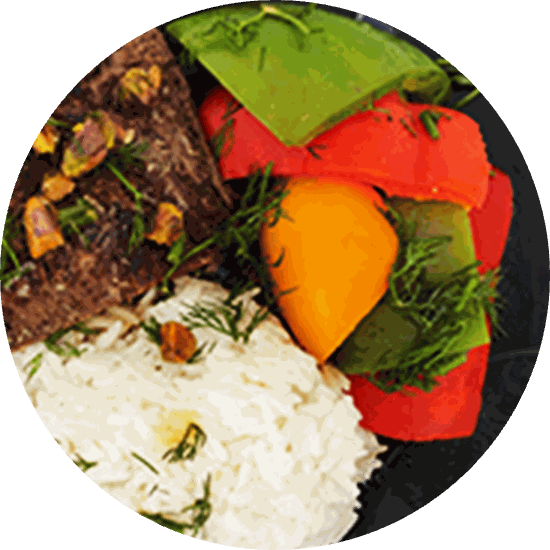 Steak with jasmine rice and roasted bell pepper